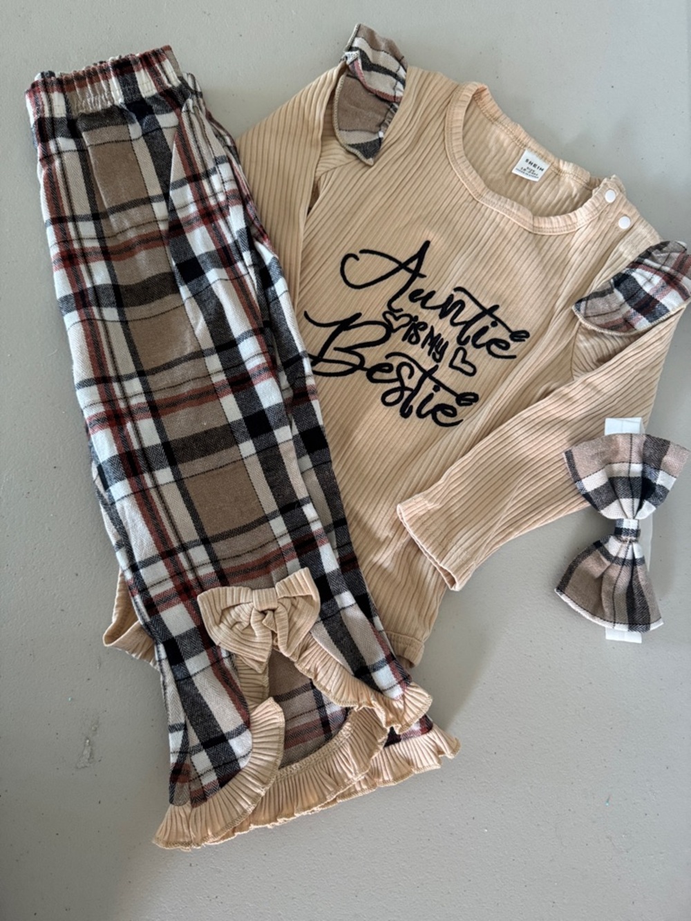 SHEIN Beige Ribbed Bodysuit & Plaid Pants Matching Set